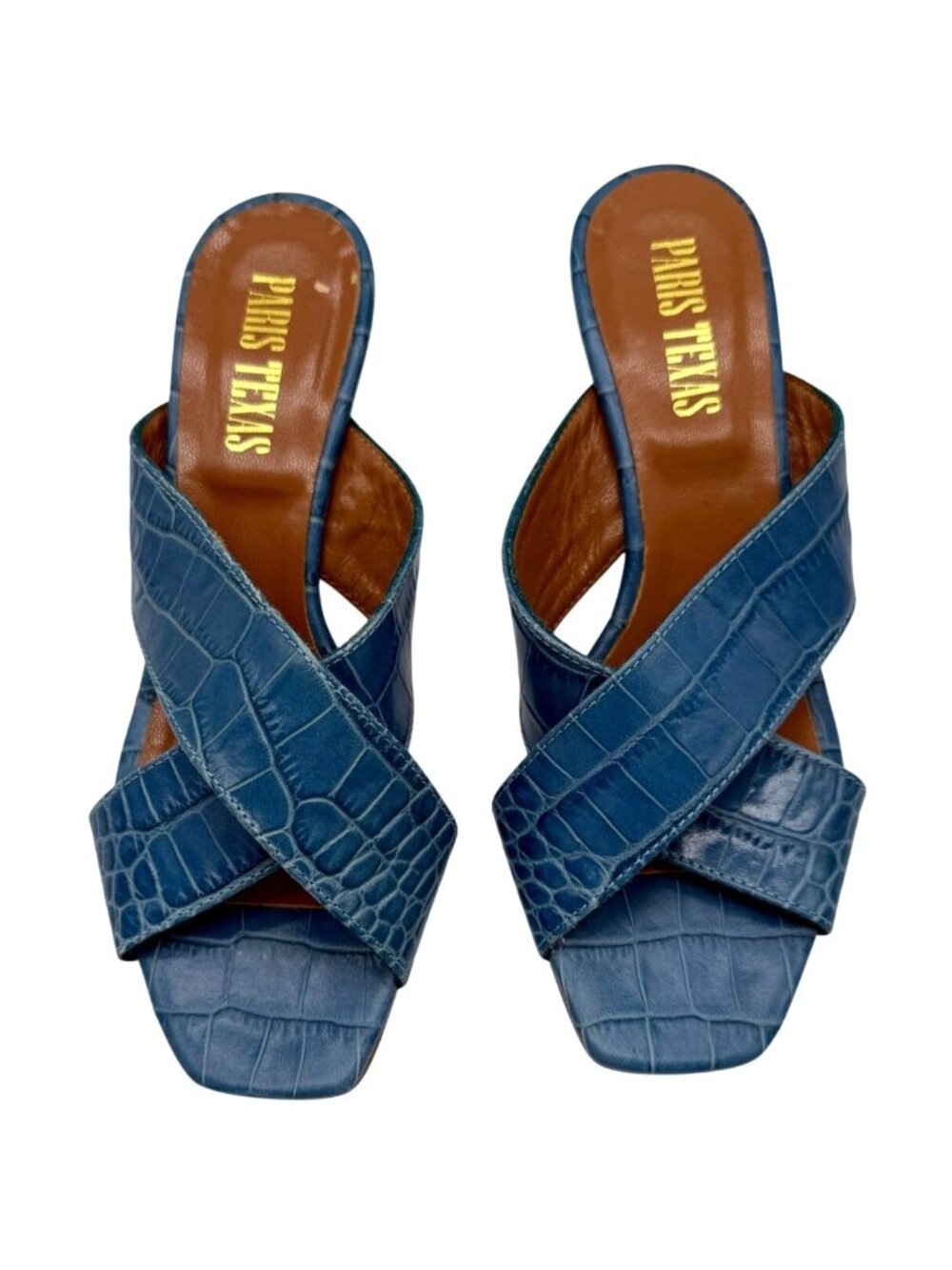 Paris Texas Croc Crossover Strap Mule Heeled Sandal in Ocean Blue - Size 37/ 7